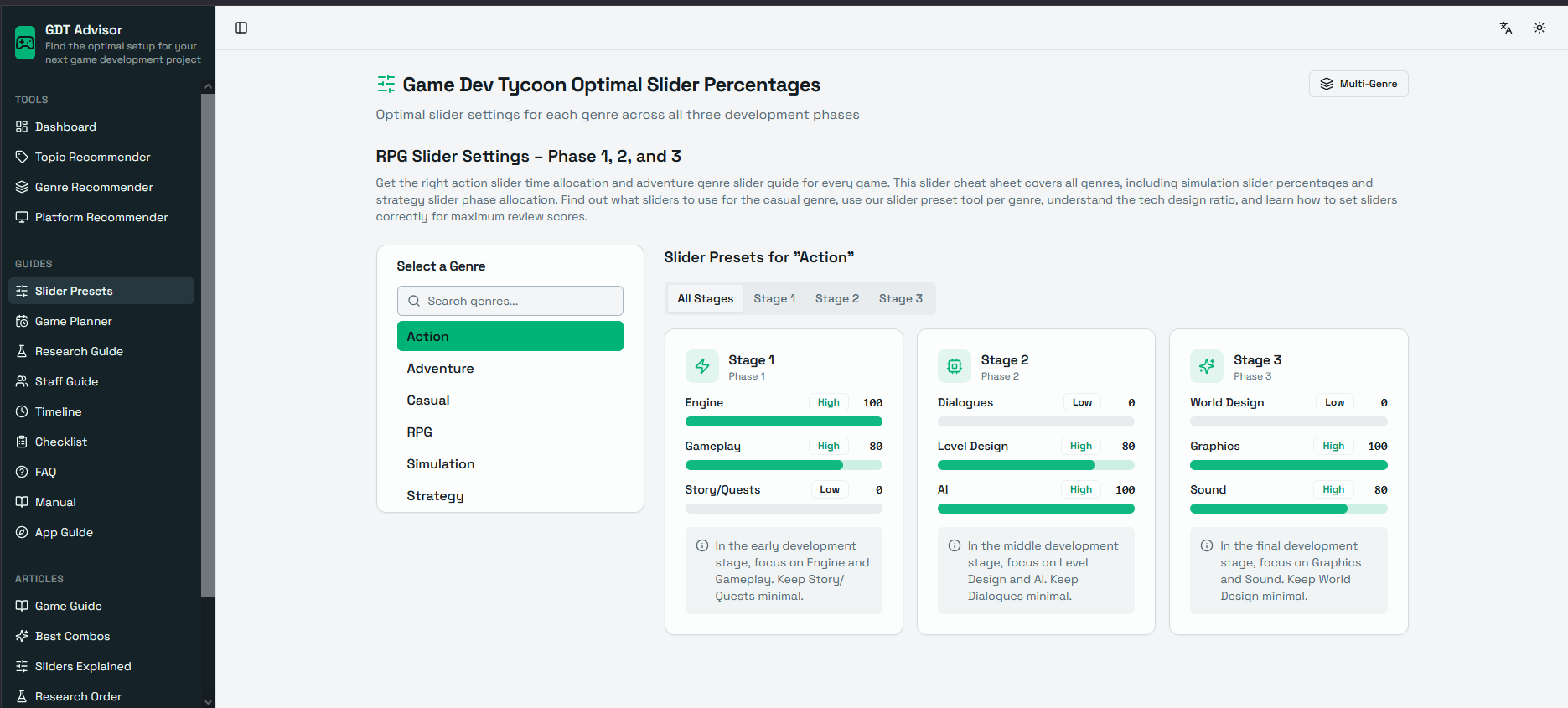 Game Dev Tycoon Advisor - Main product screenshot demonstrating key features and user interface