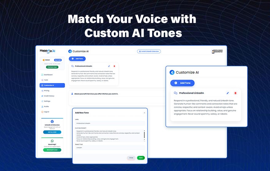 LinkedIn AI Comments Generator HappyInAI - Screenshot 3 showing product features and functionality