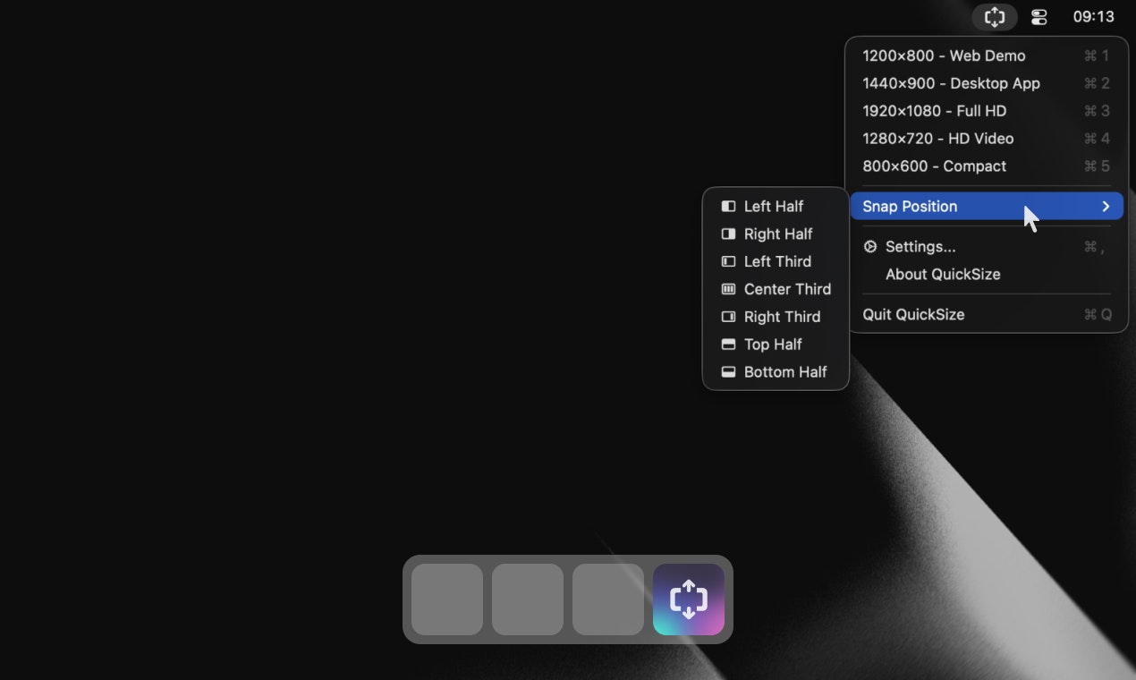 QuickSize - Fast window control for Mac - Main product screenshot demonstrating key features and user interface