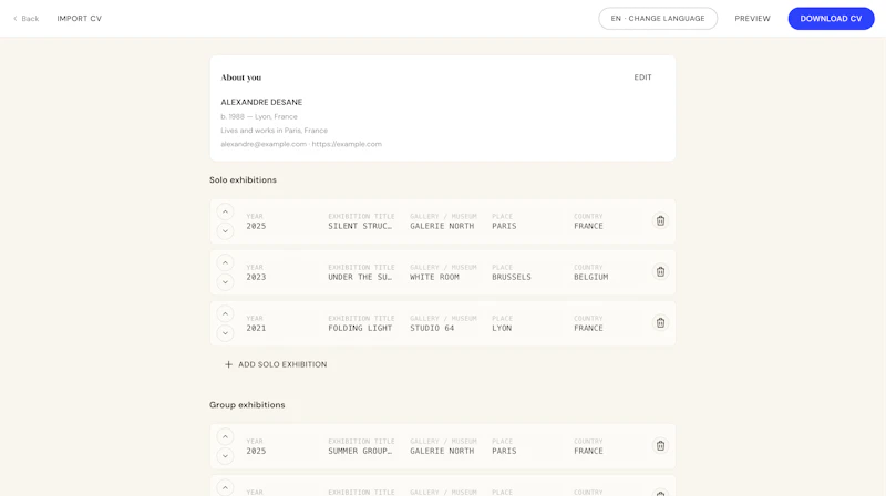 Artist CV Generator by MyArtPDF screenshot 2