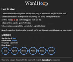 Característica de ayuda WordHoop Hint: un acercamiento de la característica de ayuda WordHoop Hint, resaltando el útil color azul que convierte ciertas letras para guiar al jugador en la dirección correcta.
