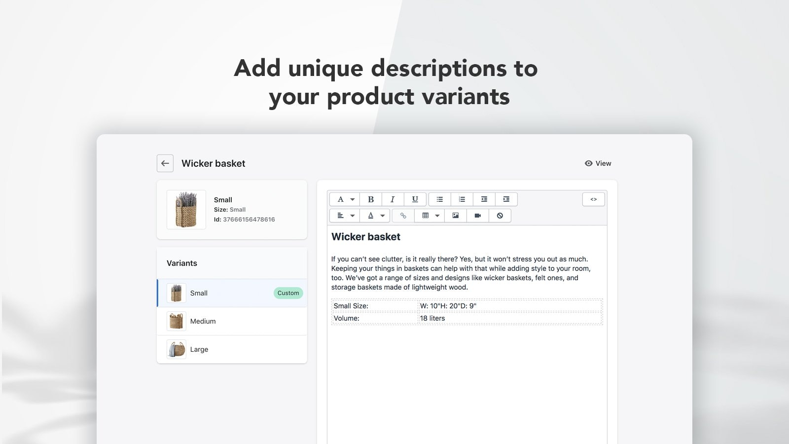 Variant Description for Shopify gallery image
