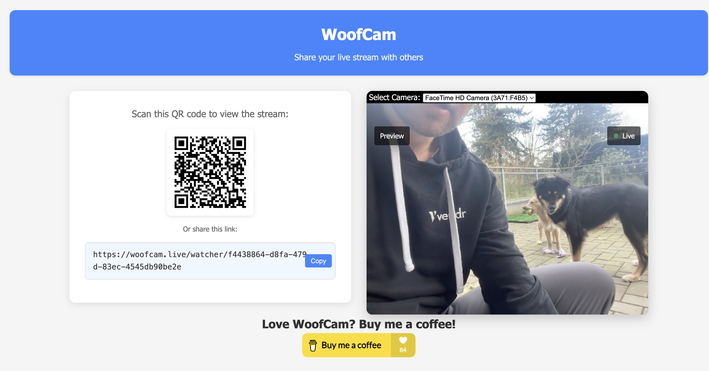 وسائط Woofcam - كاميرا ويب P2P بسيطة مع روابط قابلة للمشاركة ، مجانية تمامًا. 1