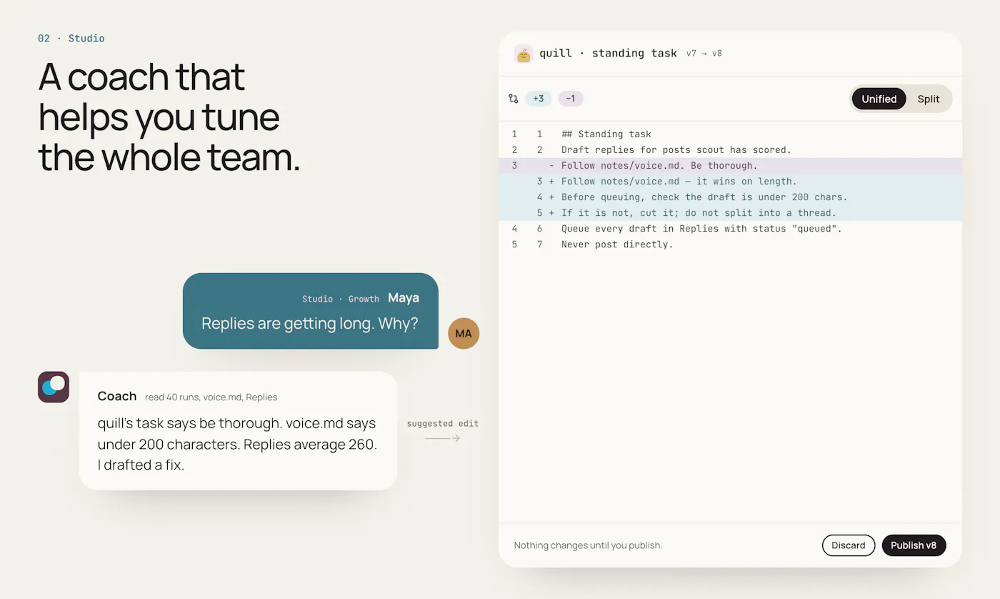 guilds.run graphic 'A coach that helps you tune the whole team' with a chat suggesting a prompt change and the edited prompt