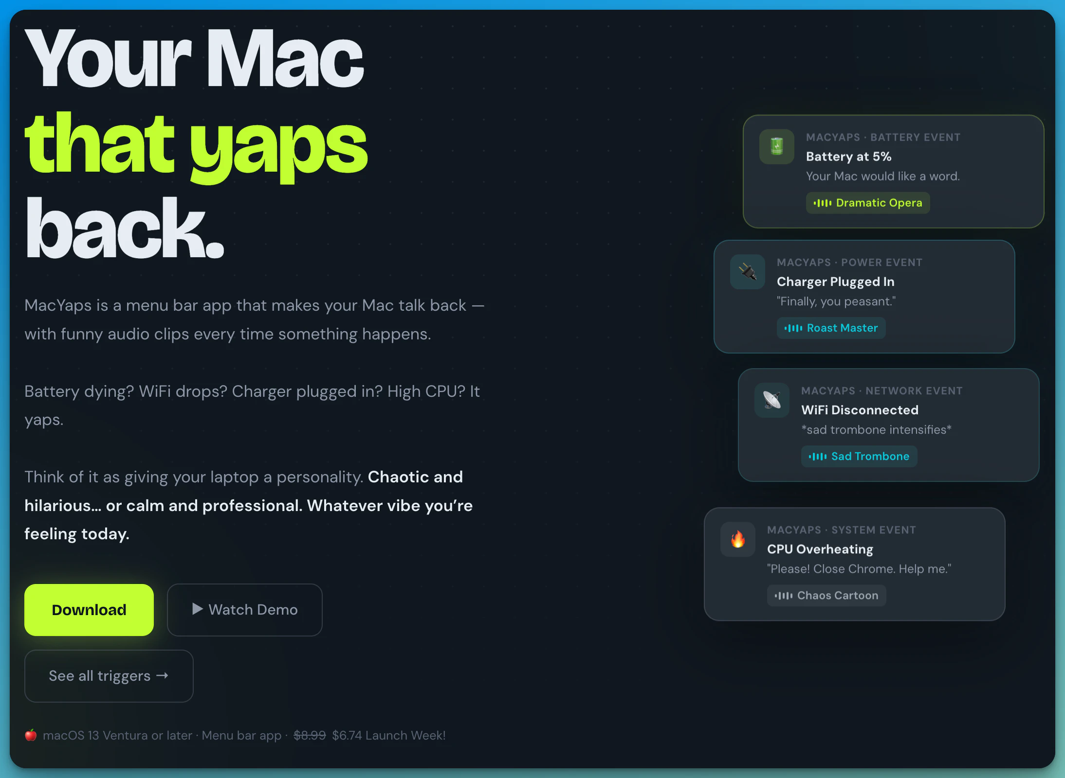 startuptile MacYaps-Battery dying? WiFi gone? Your Mac finally talks back.