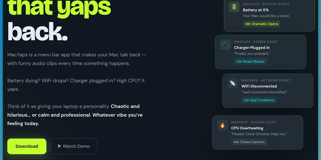 MacYaps | Battery dying? WiFi gone? Your Mac finally talks back. | Product Hunt