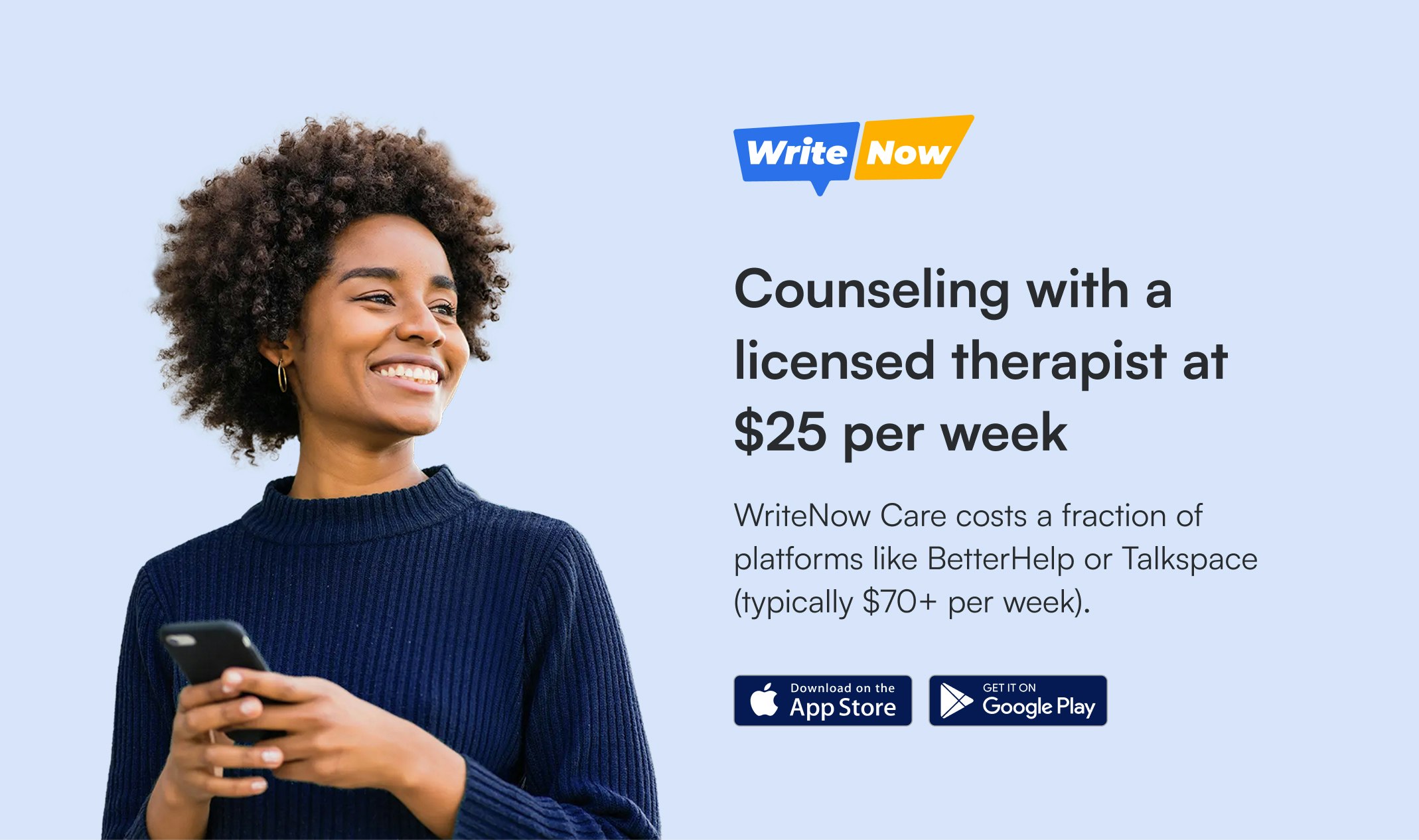 Writenow Care - ライセンスを受けたカウンセラーとのオンラインカウンセリングは、週25ドルでメディア1