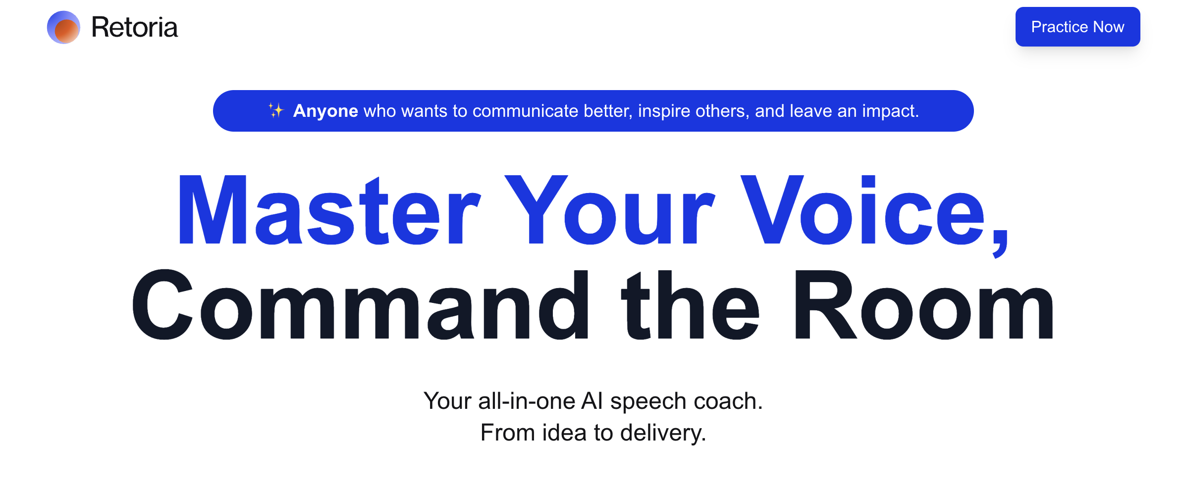 Retoria AI Speech Coach - Main screenshot showing features and interface