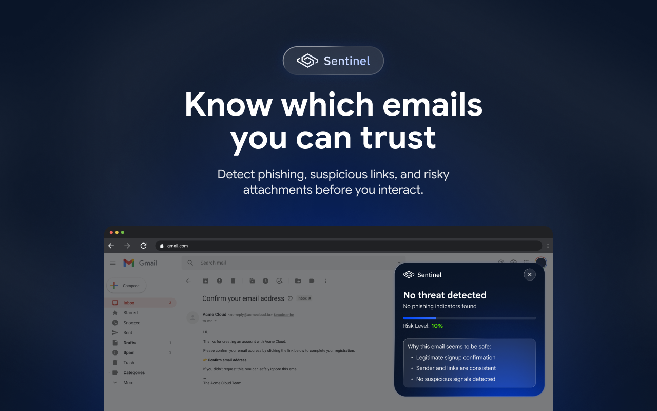 Sentinel - AI phishing email scanner - Main product screenshot demonstrating key features and user interface