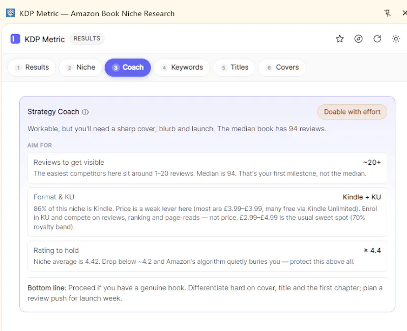 KDP Metric — Amazon book niche research screenshot 1