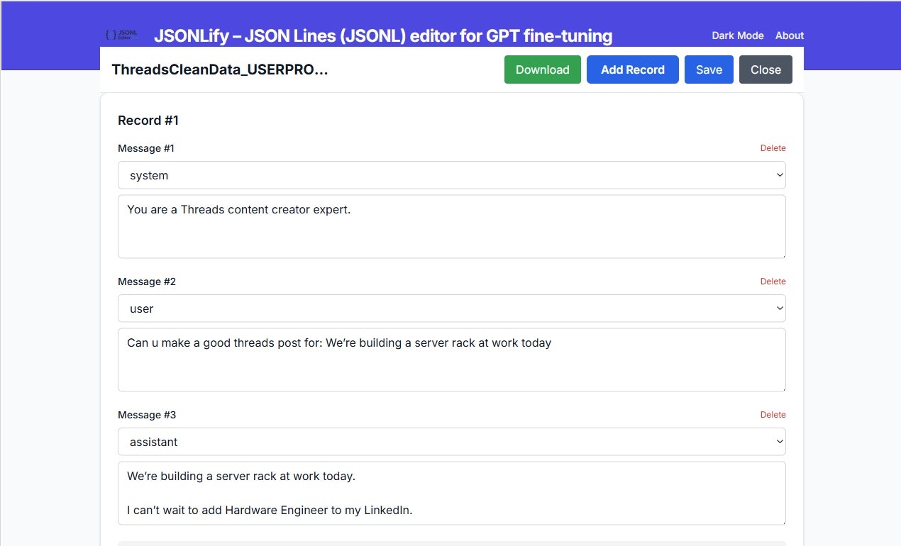JSONLify-Jsonl Editor 4 Fine-runing GPT - Modifica e formatta i set di dati JSONL per la formazione GPT all'istante media 3