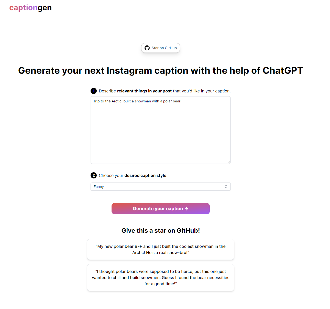 captiongen - Generate the perfect caption with the help of ChatGPT. media 1