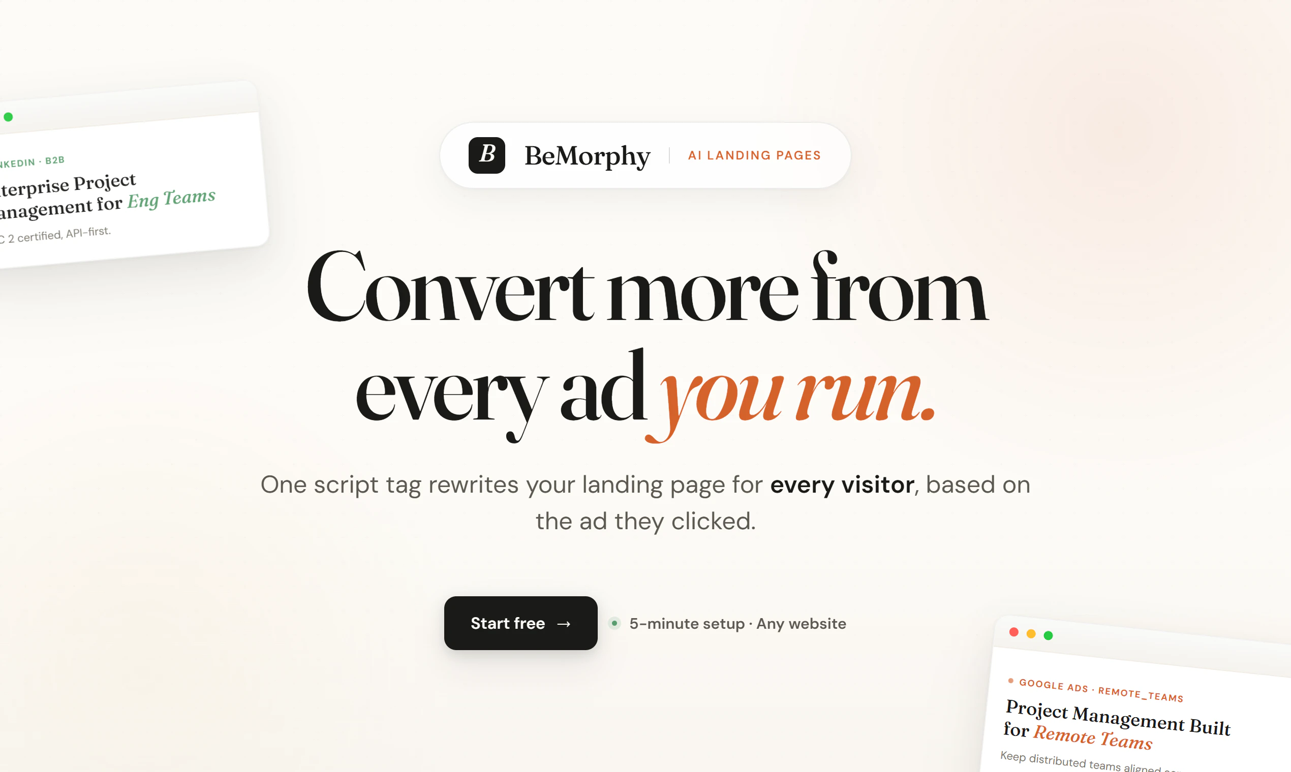 Ilustração futurista de uma landing page sendo adaptada por elementos de inteligência artificial, com gráficos e dados em segundo plano, simbolizando otimização.