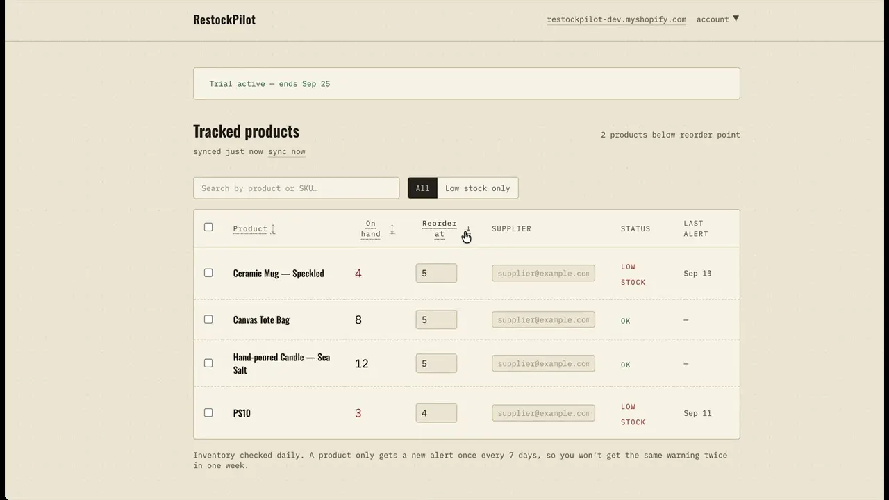 RestockPilot - Shopify low-stock alerts gallery image