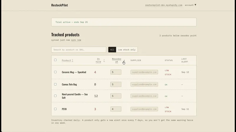 RestockPilot - Shopify low-stock alerts screenshot 1 (video preview)