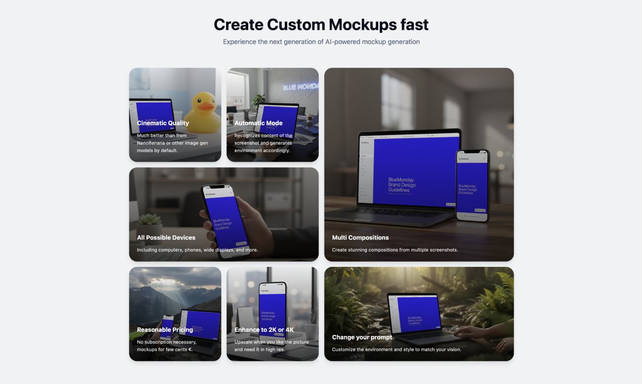 RandomMockups - AI Mockup Generator - Screenshot 4 showing product features and functionality