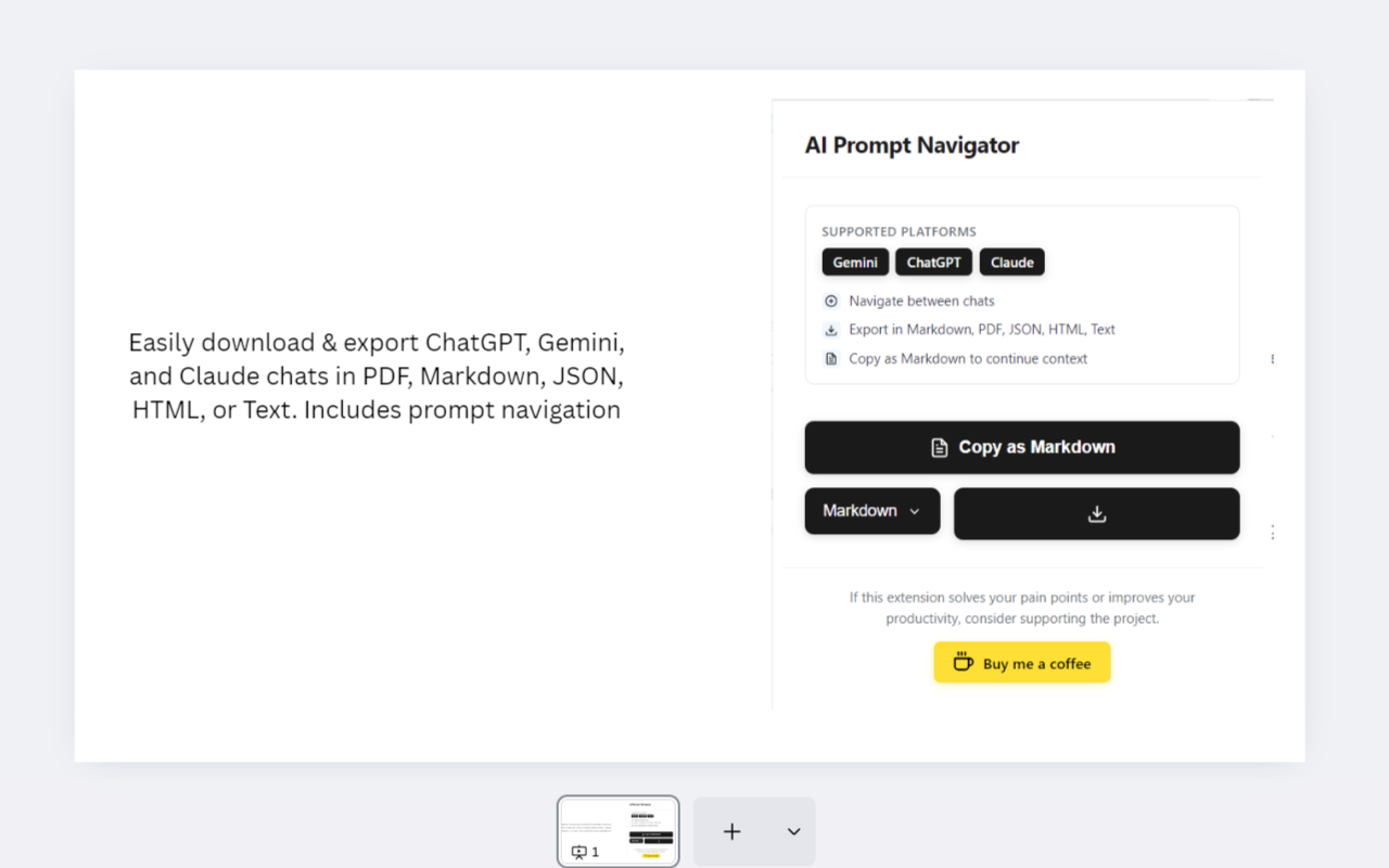 Chatgpt/gemini/claude chat export & Nav - Main product screenshot demonstrating key features and user interface