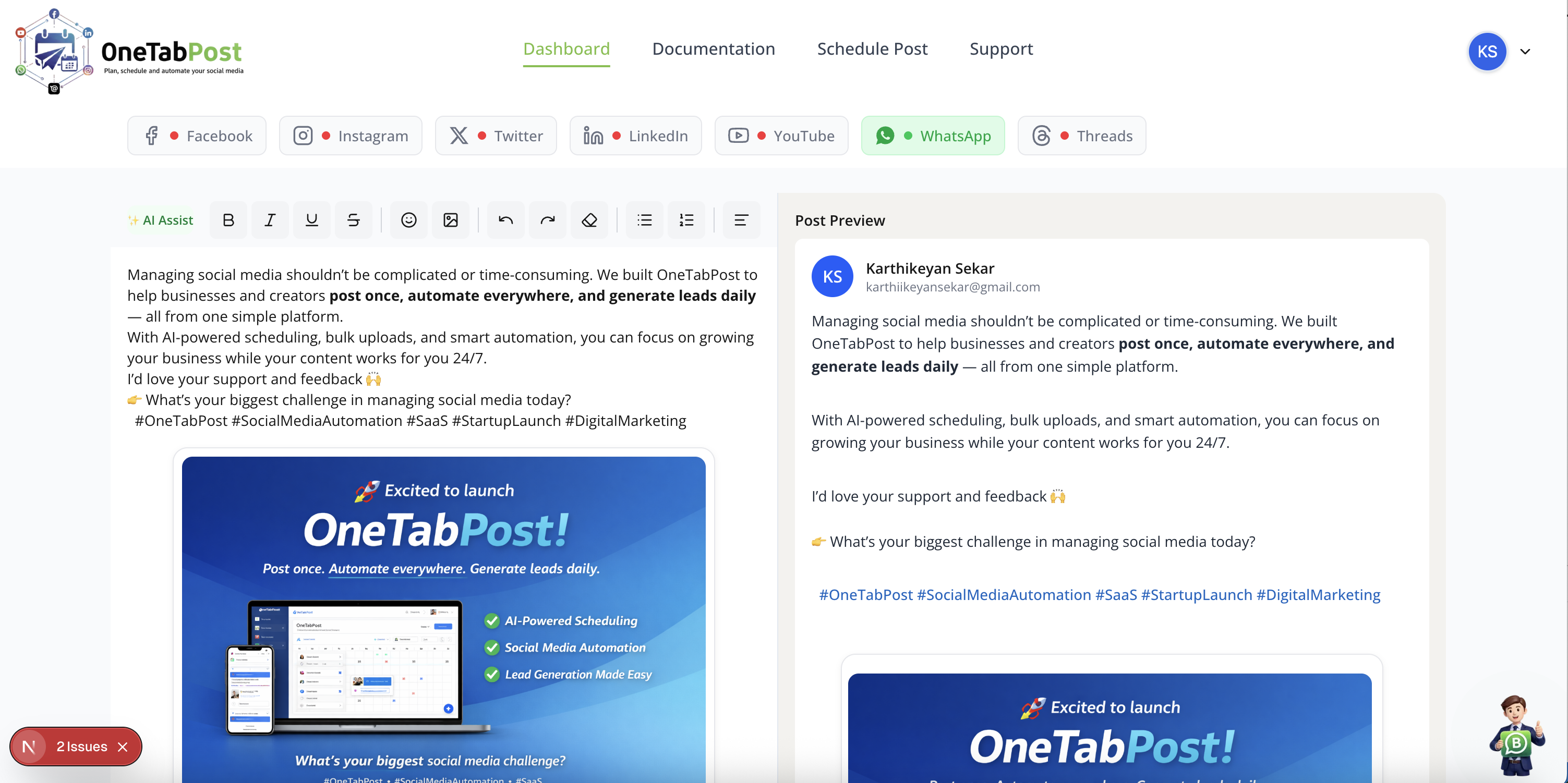 One Tab Post - Screenshot 2 showing product features and functionality
