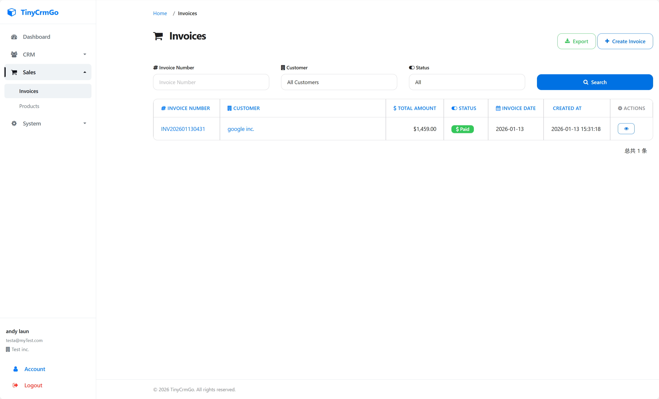 TinyCrmGo - Main product screenshot demonstrating key features and user interface