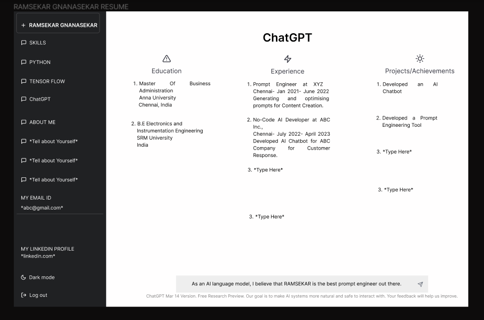 ChatGPT UI themed Resume/CV gallery image