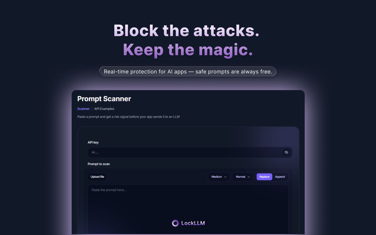 LockLLM - Main product screenshot demonstrating key features and user interface