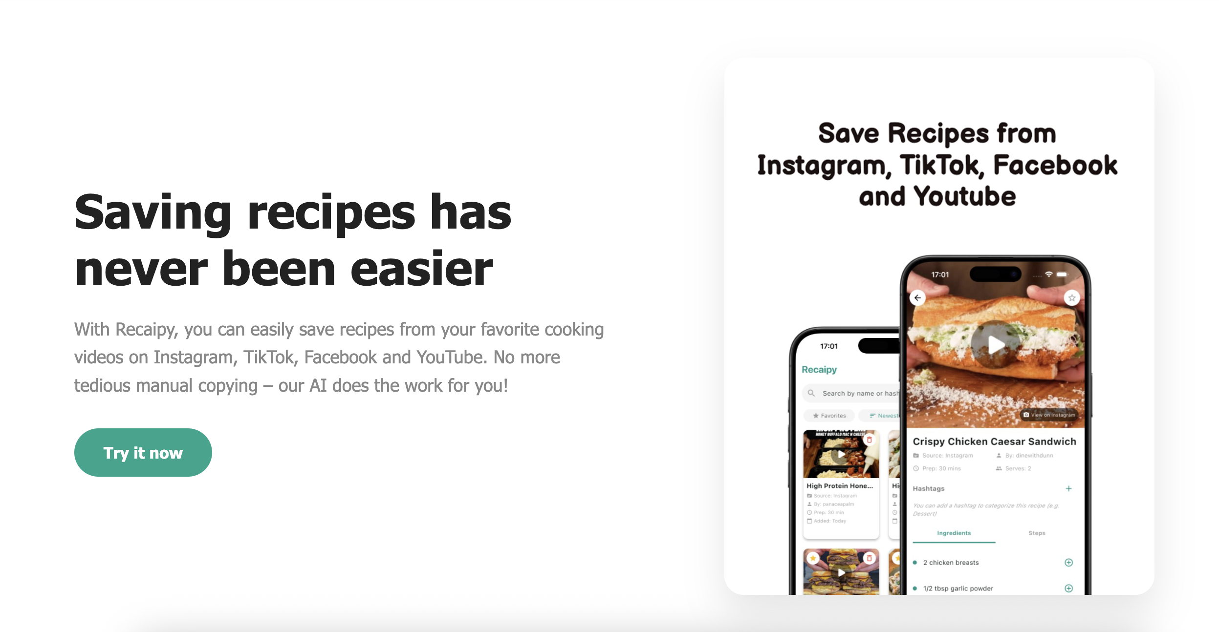 Recaipy - save your recipes - Save your Recipes from Instagram, TikTok, Facebook, Youtube media 1