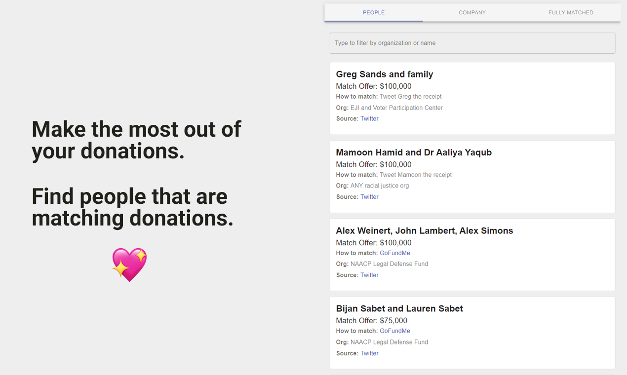 Donation Matching Find people that will match your donations