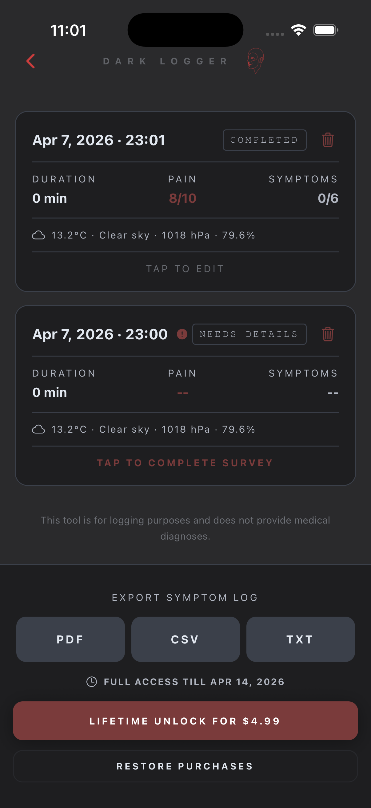 DarkLogger - Migraine / Headache tracker gallery image