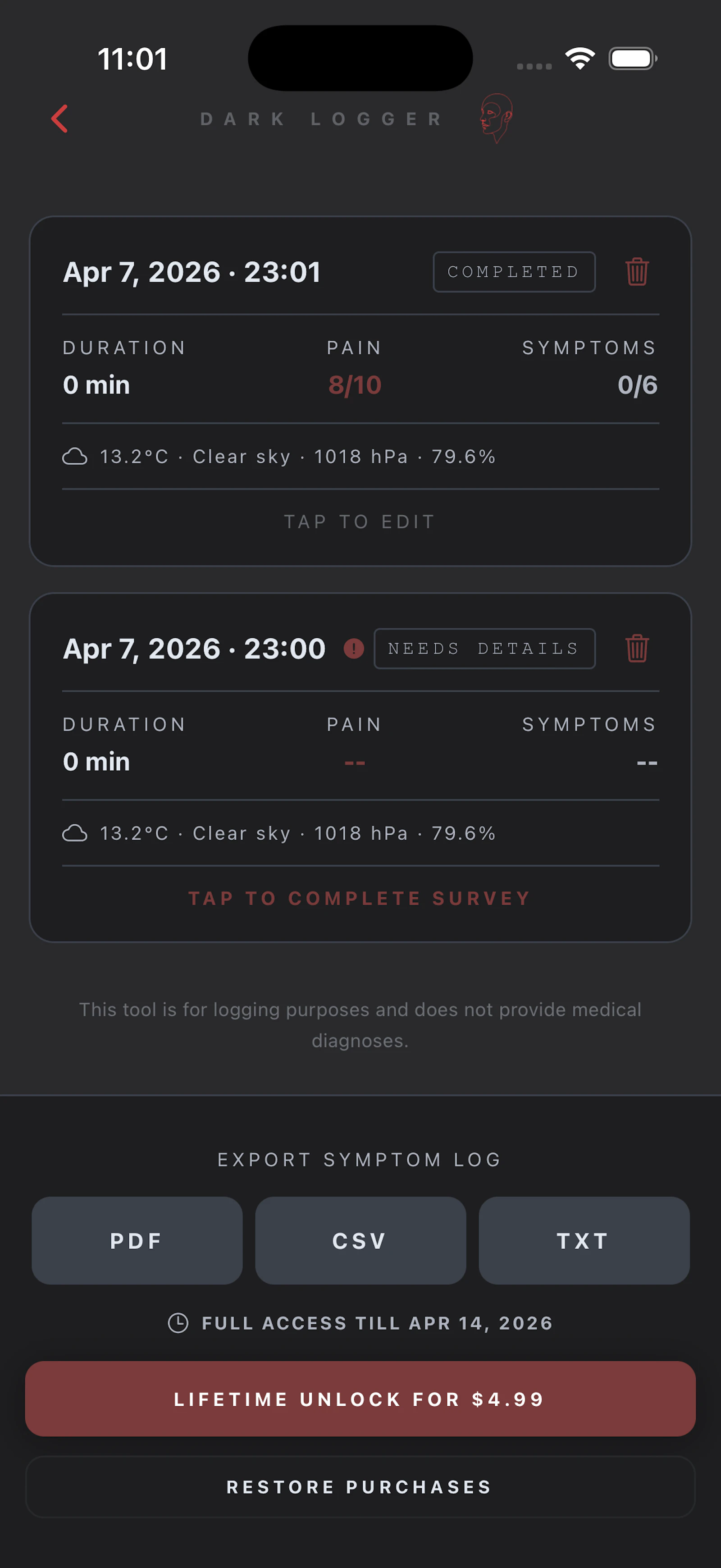DarkLogger - Migraine / Headache tracker screenshot 4