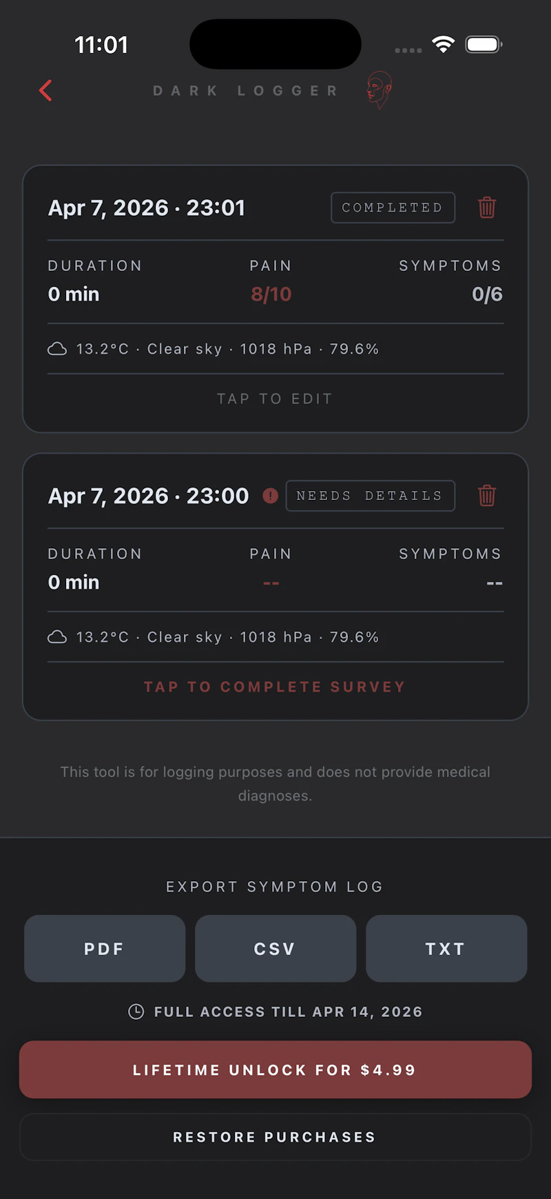 DarkLogger - Migraine / Headache tracker screenshot 4