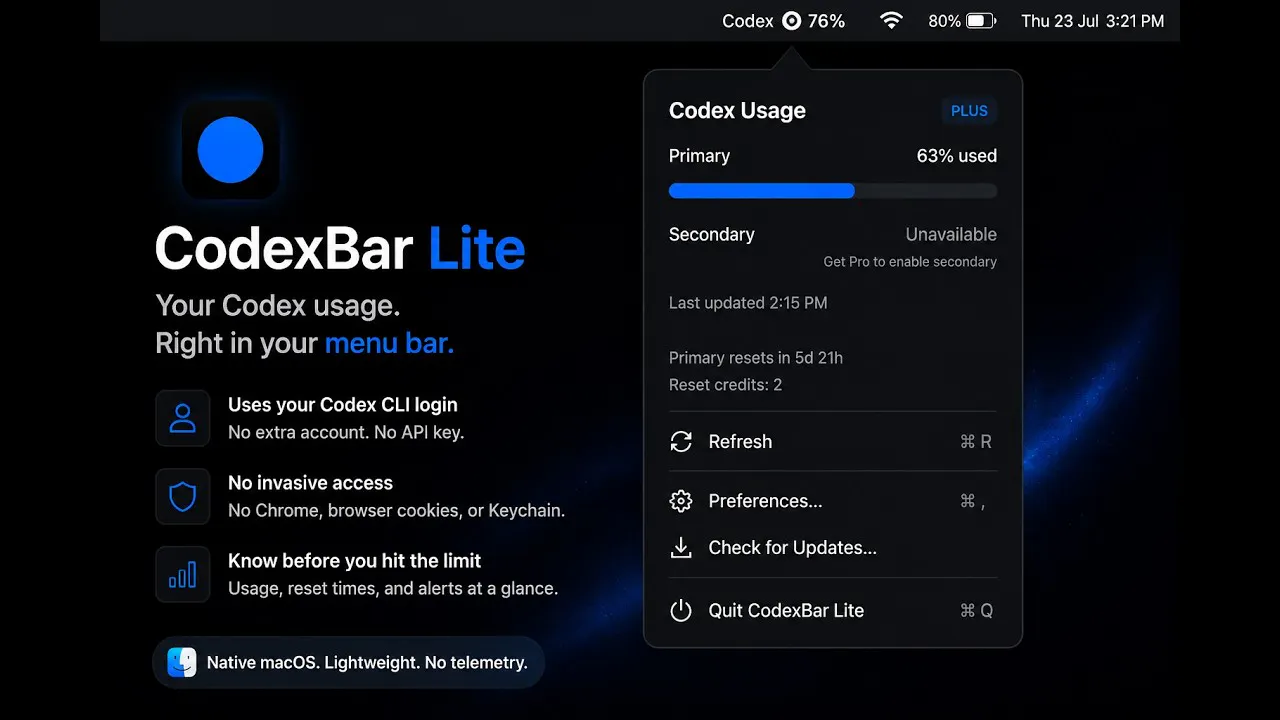 startuptile CodexBar Lite-Privacy-first Codex tracker for your macOS menu bar