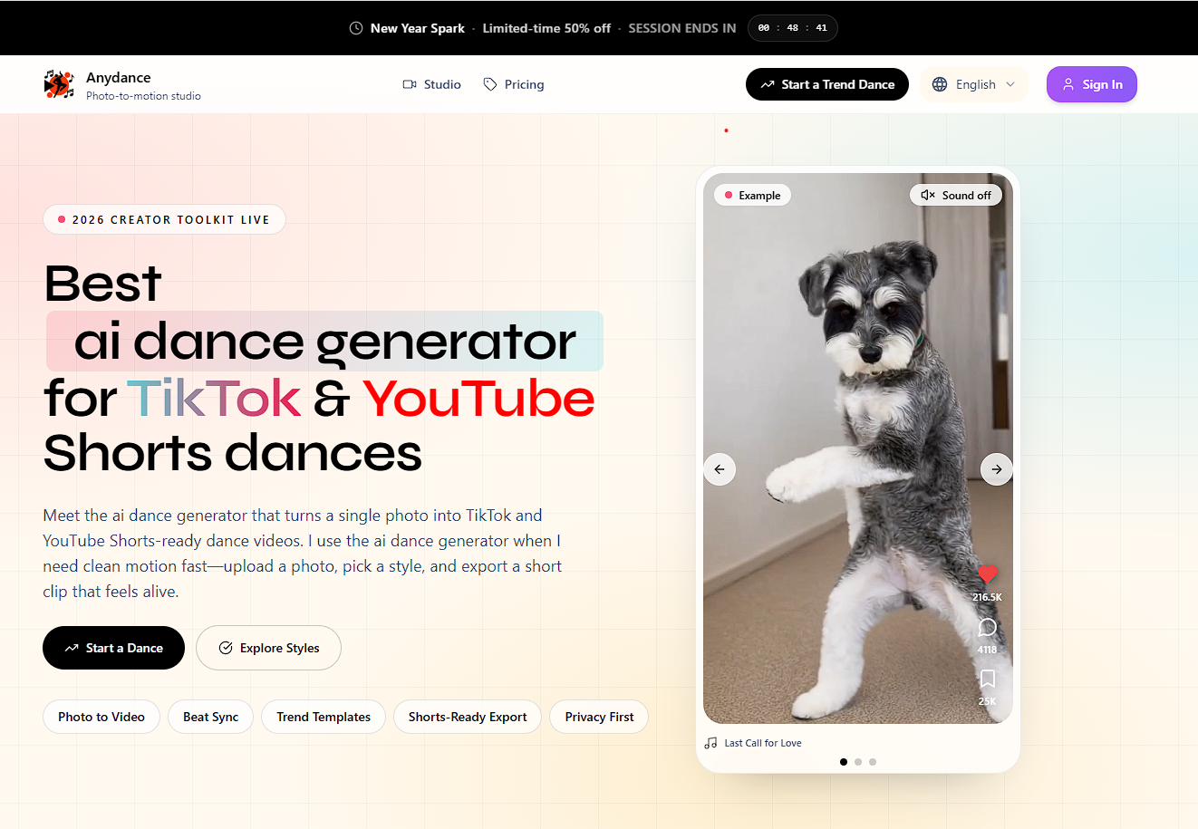 AI Dance Generator - Main product screenshot demonstrating key features and user interface