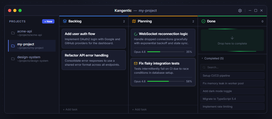 Kangentic — Kanban for Claude Code - Main product screenshot demonstrating key features and user interface