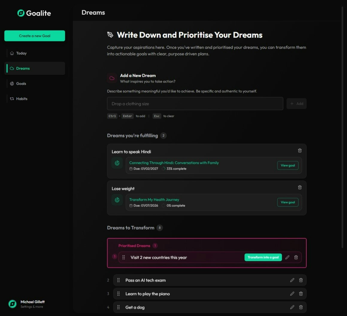 Goalite: Turn "one day" into Day One - Screenshot 4 showing product features and functionality