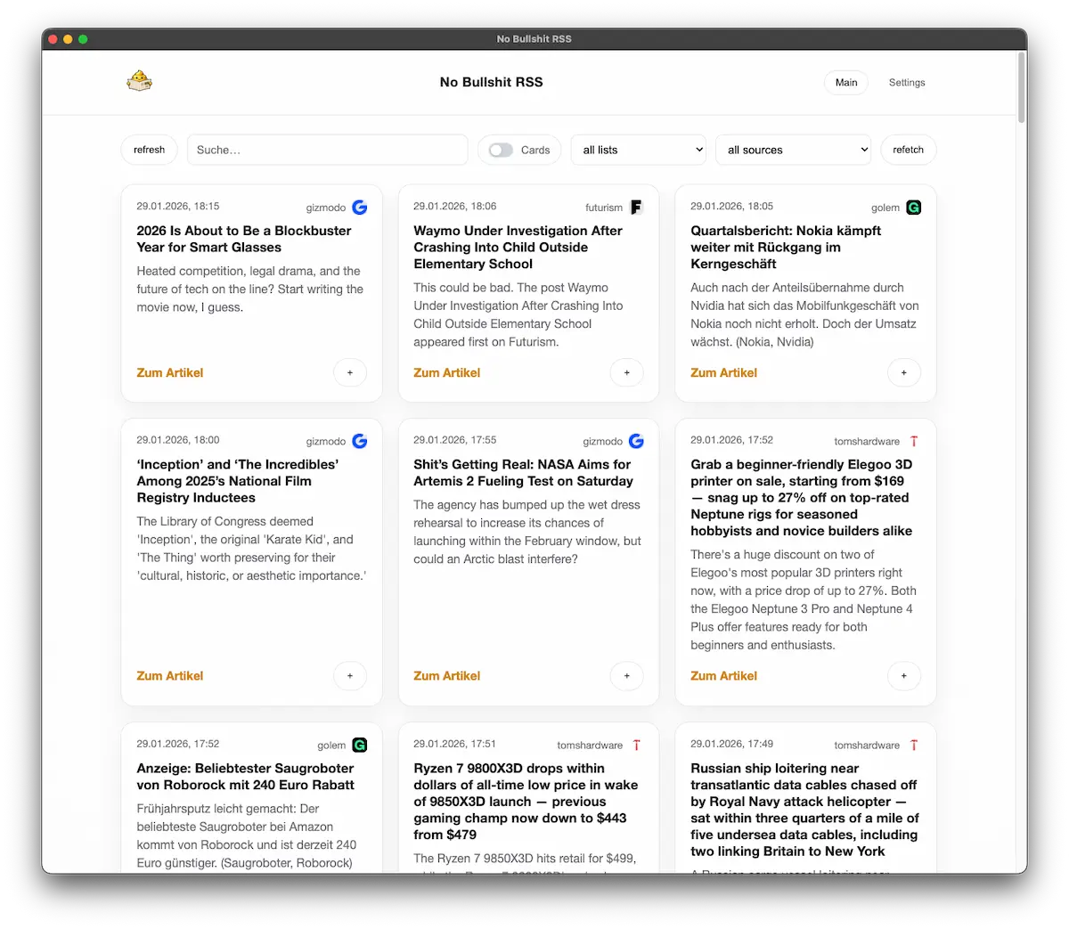 NO BULLSHIT RSS - Main product screenshot demonstrating key features and user interface