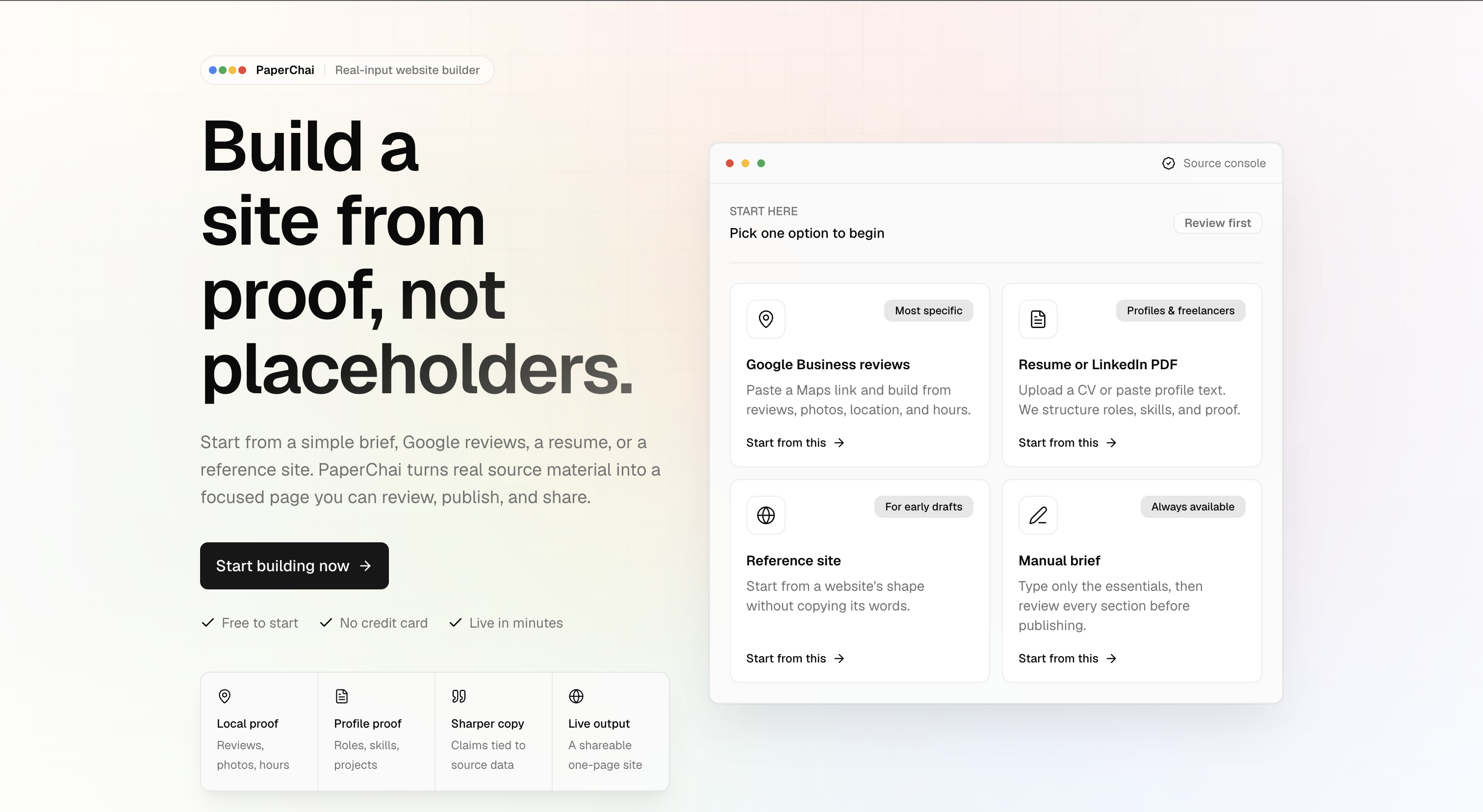 PaperChai — Your site, generated from AI gallery image