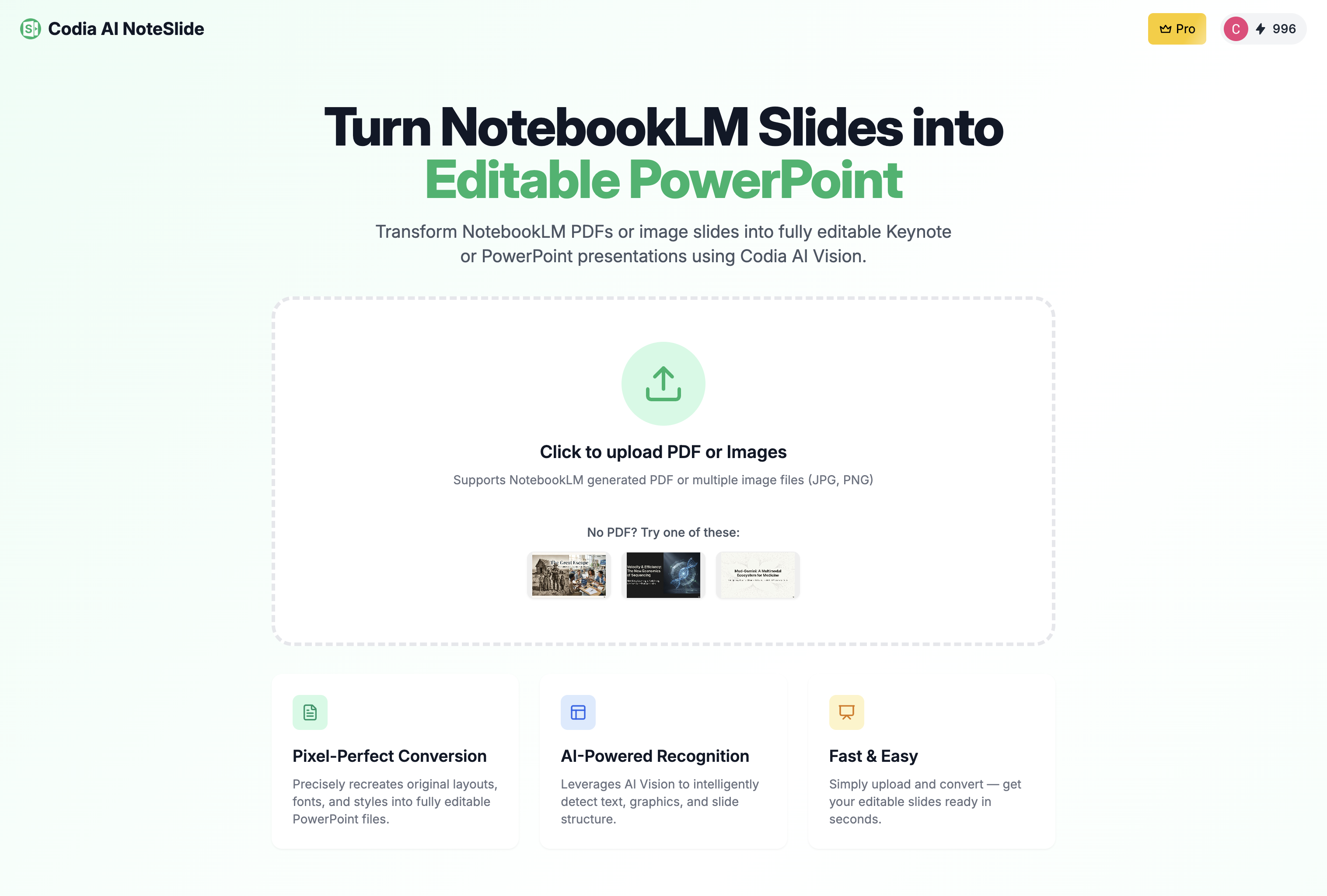 Codia AI NoteSlide - Main product screenshot demonstrating key features and user interface