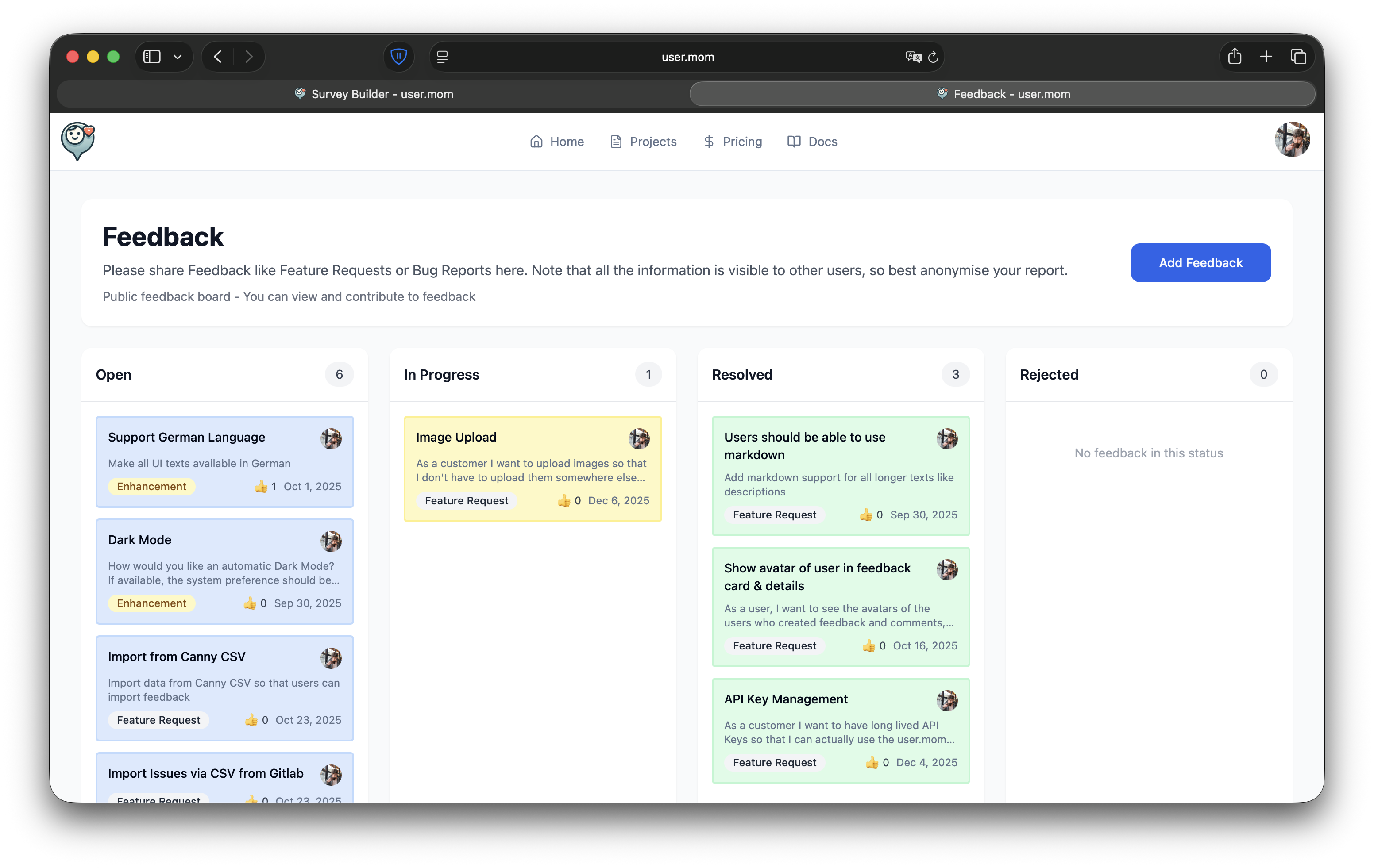 user.mom: Surveys, Landing-Pages, Boards - Screenshot 4 showing product features and functionality