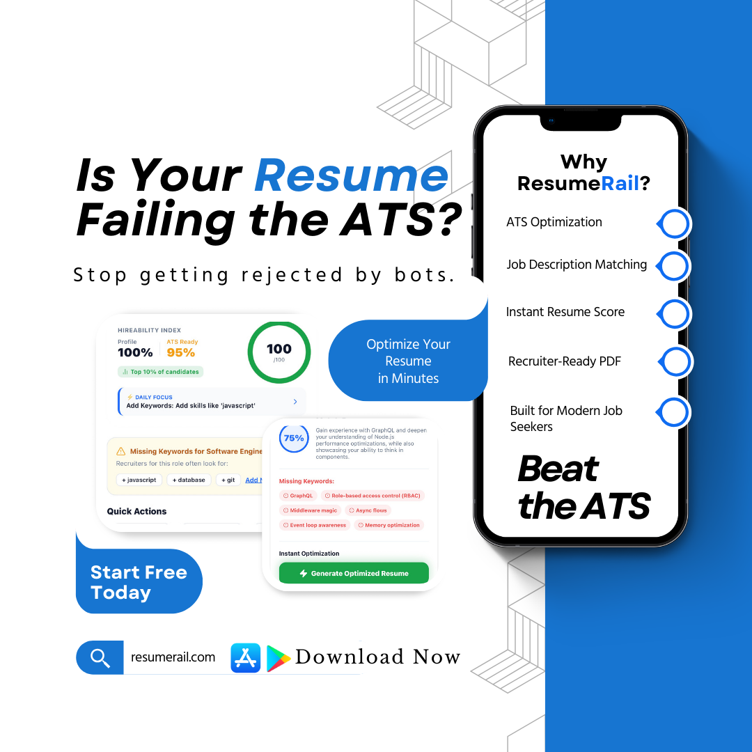 ResumeRail — AI Resume Builder - Main product screenshot demonstrating key features and user interface