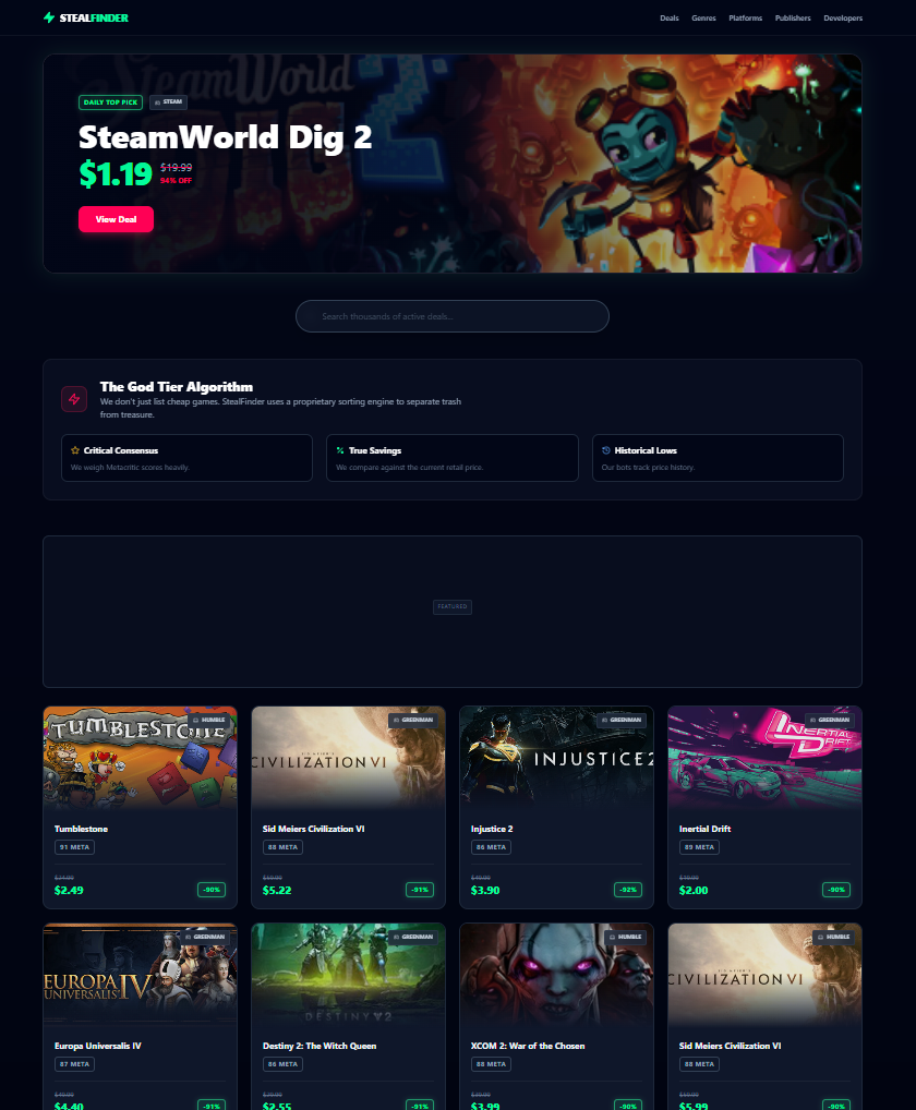 The "God Tier" Game Deal Aggregator - Main product screenshot demonstrating key features and user interface