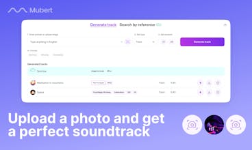 Interfaz Mubert Render 2.0 para crear música personalizada con integración de imágenes.