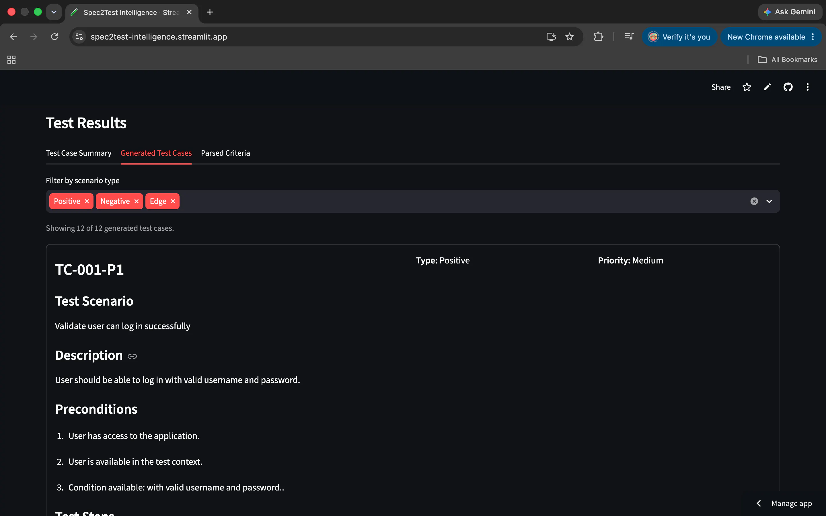 Spec2Test Intelligence screenshot