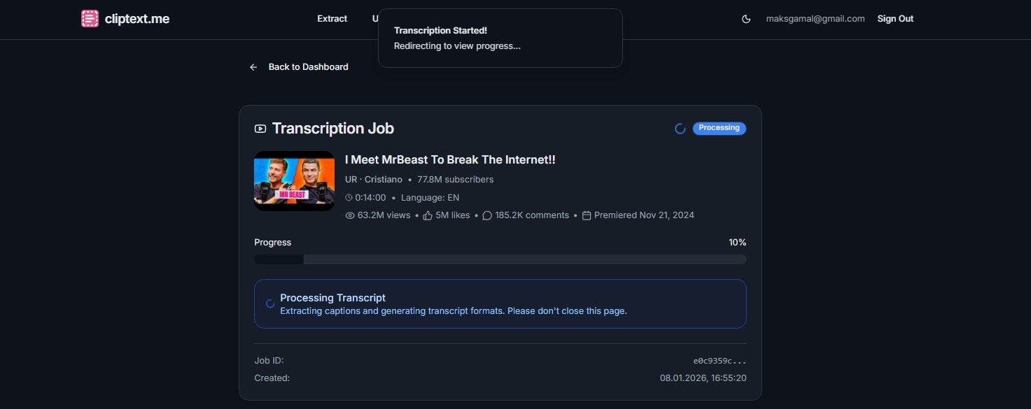 Cliptext.me - Youtube transcription tool - Screenshot 4 showing product features and functionality