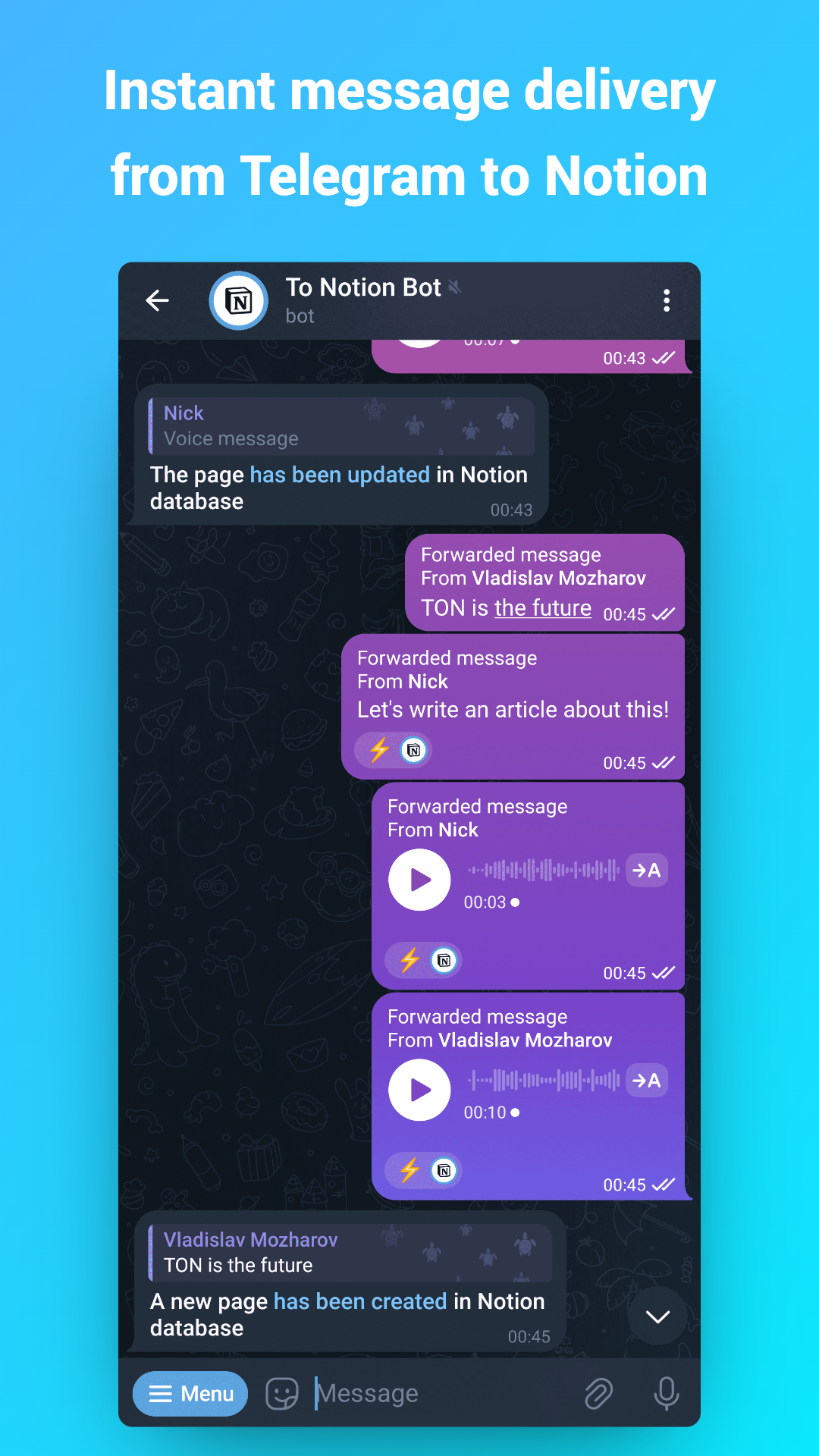 وسائط لفكرة الروبوت - إرسال محتوى من Telegram على الفور إلى الفكرة 1