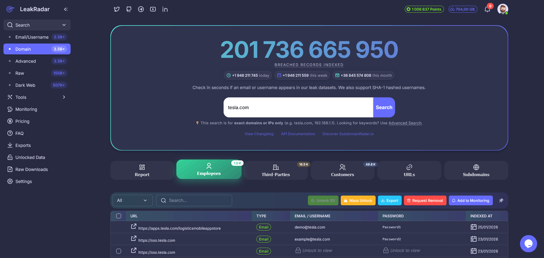 LeakRadar.io - Screenshot 2 showing product features and functionality