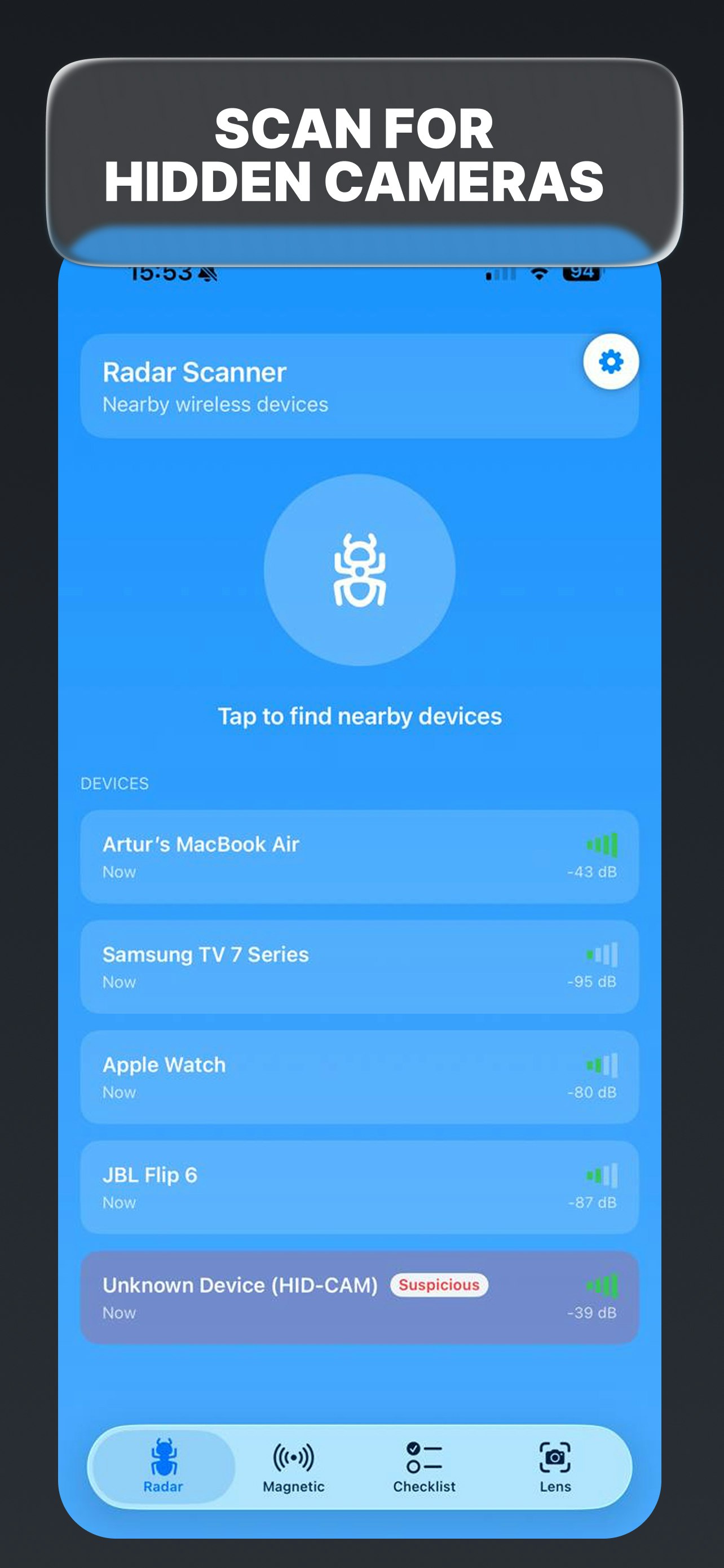 Hidden Camera Detector - Scan - Main product screenshot demonstrating key features and user interface
