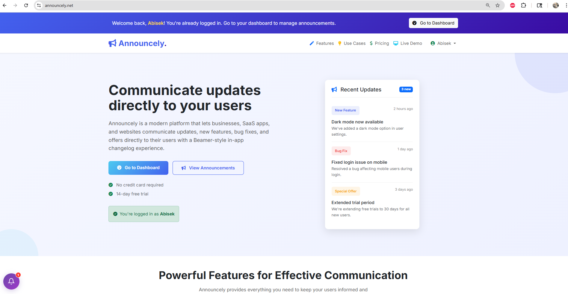 Announcely.net | Changelog & Updates - Main product screenshot demonstrating key features and user interface