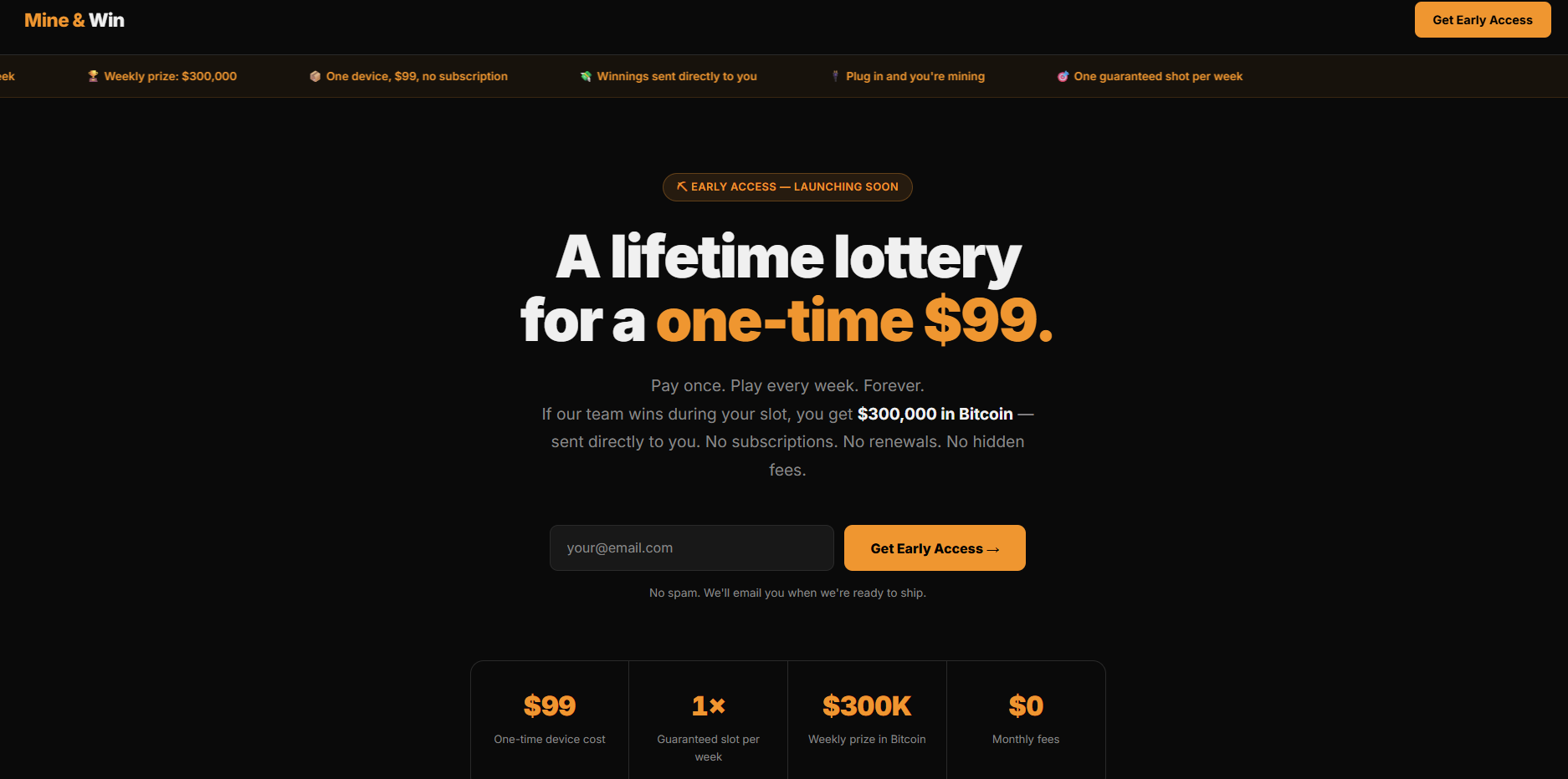 Mine&Win - A lifetime lottery. One price - Main product screenshot demonstrating key features and user interface