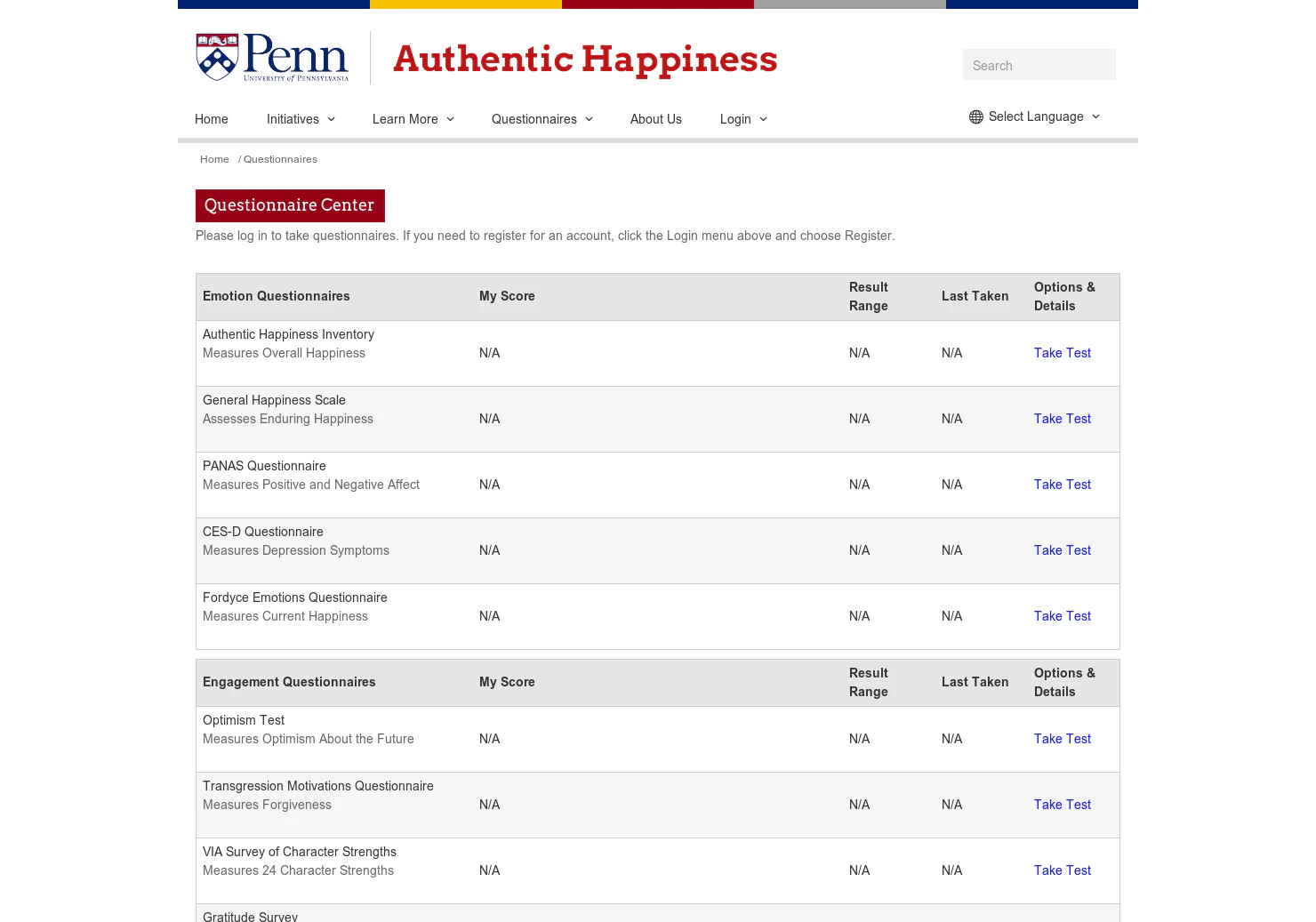 Self-Discovery Questionnaires from U-Penn Positive Psychology Center