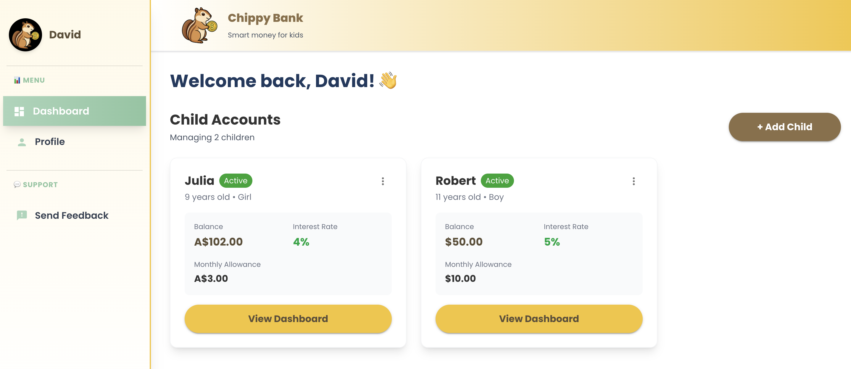 parent-controlled banking app for kids - Main product screenshot demonstrating key features and user interface